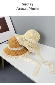 Detail of straw hats with delicate white lace trim and ribbons in beige and tan colors