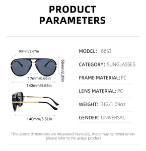 Detaillierte Größentabelle für die Pilotensonnenbrille 6653 mit Maßen in Millimetern