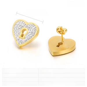 Detail view of heart-shaped gold earring with clear crystals and 18x17mm size dimensions