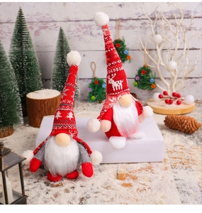 Detail of Christmas gnomes with knitted deer patterns and plush beards on wooden background