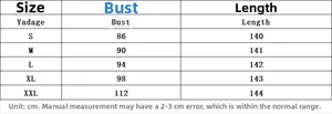 Detailed size chart for V-neck maxi dress showing bust and length in centimeters