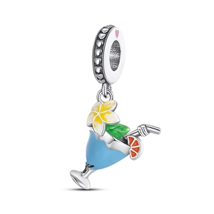 Detail of cocktail glass charm with blue enamel, tropical flowers, and heart engraved ring