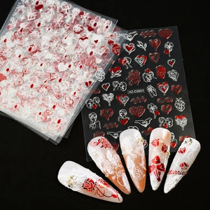 Detail of red and white heart nail stickers featuring lace patterns and XZ-D2601 design