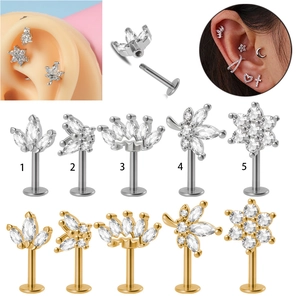Labret Stud Piercing Jewelry Stainless Steel Post Brass Cubic Zirconia Crown Leaf Flower Butterfly Flat Back Threaded