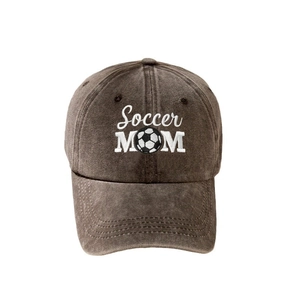 Vintage washed cotton baseball cap in dark coffee with white Soccer MOM embroidery