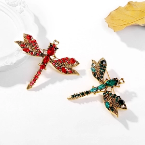 Retro rhinestone dragonfly brooch in red and emerald green with vintage gold alloy finish