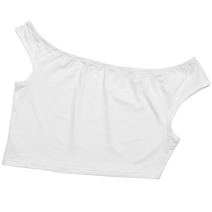Flat lay of a white one-shoulder crop top featuring an asymmetrical sleeve and stretch fabric