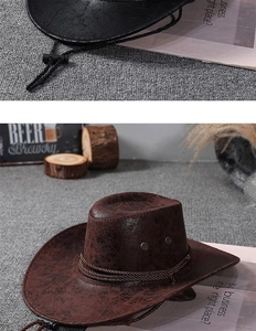 Detail of western cowboy hat featuring faux leather texture and braided chin strap cord