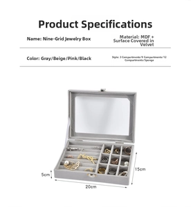 Detailed view of gray velvet jewelry box with glass lid and secure metal clasp