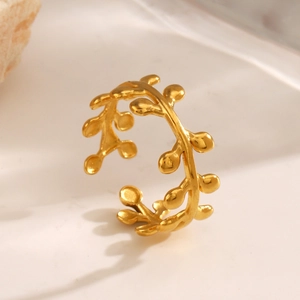 Minimalist gold leaf open ring in stainless steel with adjustable band for women