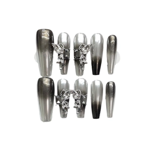 Silver and black chrome ombre press-on nails with 3D butterfly charms, set of 10