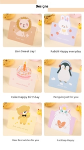Close-up of six animal-themed mini greeting cards with lions, bunnies and cute illustrations