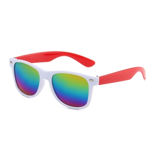 Classic white frame kids sunglasses with red temples and colorful reflective lenses