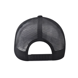Rear view of black cotton trucker hat showing breathable mesh and adjustable snapback closure