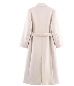 Back view of a long oat-colored blended coat featuring a waist belt and back vent detail