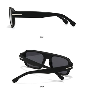 Side and back views of matte black square polarized sunglasses with silver metal detail