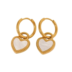 Golden heart drop earrings with white mother-of-pearl inlay and radial metal texture