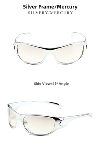Vues de face et de profil à 45 degrés des lunettes de soleil punk argentées à verres mercure