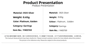 Detailed specifications of S925 silver earrings including weight and finish options
