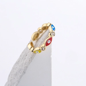 18K gold-plated open ring with colorful evil eye enamel and zircon stones