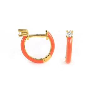 S925 silver needle orange enamel hoop earrings with round cubic zirconia diamond stones