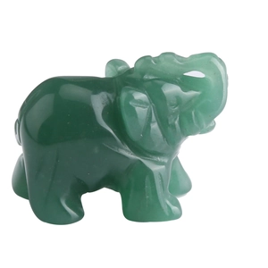 Polished natural green jade elephant figurine carving with curved trunk on white base