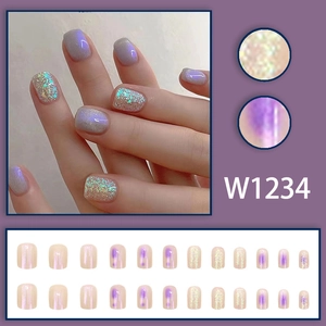 Short square purple aurora glitter press-on nails set with 24 pieces for women