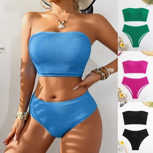 Bikini Swimsuit Bandeau Top And High Waisted Bottom Smocked Texture Strapless Beachwear For Women