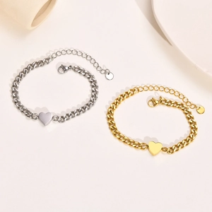 Heart Pendant Bracelet Stainless Steel IP Gold Plated Curb Chain Adjustable Minimalist Jewelry For Women