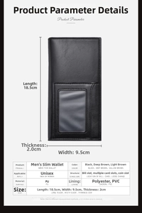 Detailed size chart for men's thin PU leather long wallet with precise dimensions