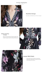 Detailed views of V-neckline, elastic waist, and floral print on long sleeve dress