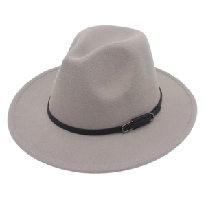 Classic light grey wool fedora hat with black leather belt and silver buckle detail