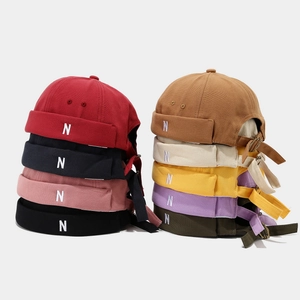 Retro brimless miki hats with N embroidery and adjustable metal strap in various colors