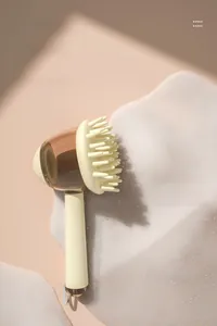 Detail of pet bath brush with 55 soft silicone bristles and foam storage handle