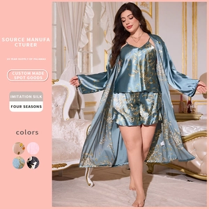 Women Plus Size Pajama Robe Cami Top And Shorts Imitation Satin Satin Floral Print V Neck Loungewear