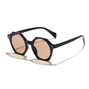 Retro polygon black frame sunglasses with amber lenses and stylish silver accents