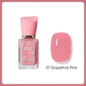 Close-up of BGve grapefruit pink nail polish bottle with 14ml volume and color swatch