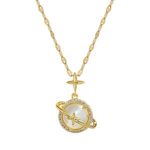 Titanium steel planet necklace with white cat eye stone and pavé crystals on white background