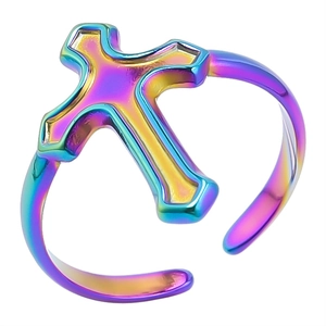 Rainbow stainless steel adjustable ring featuring a cross shape with metallic colorful finish