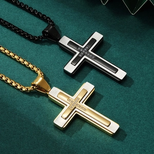 Three-layer stainless steel cross pendant necklace with zircon stone inlay for men