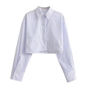 Detail of blue and white striped cropped shirt featuring two pockets and size S label