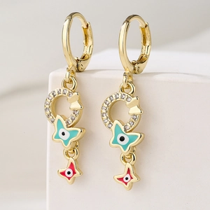 18K gold plated geometric earrings with turquoise butterfly and red star evil eye charms