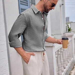 Men's casual long sleeve slim fit seersucker shirt with black and white stripes