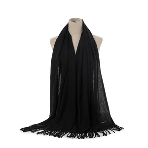 Detailed view of the fine fringe texture and soft cashmere fabric of the black scarf