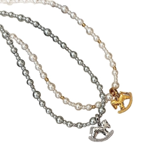 Elegant gold-plated pearl necklace with horse pendant for women, double style set