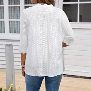 Detailed back view of white eyelet embroidery cardigan with scalloped hollow lace edges