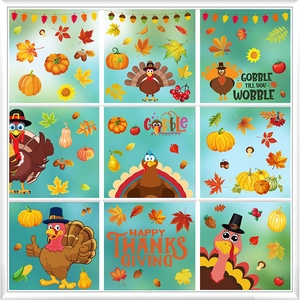 Thanksgiving window clings set featuring cartoon turkeys and autumn maple leaf decals