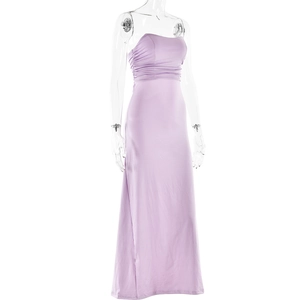 Detail of light purple strapless long dress featuring elegant pleated bodice on mannequin