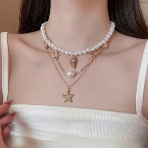 Multi Layer Necklace Alloy Imitation Artificial Pearl Starfish Shell Conch Pendants Bohemian Beach Vacation Style Jewelry