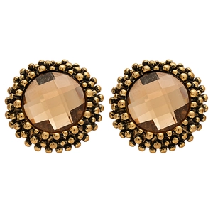French vintage gold earrings with amber round crystal and textured beaded edge